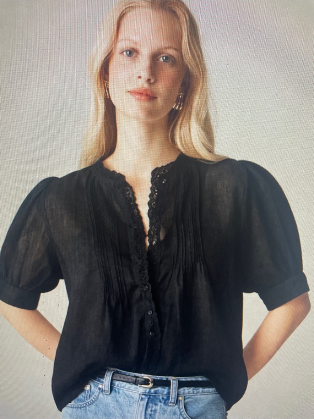 J. Crew Black Ramie Sheer Pintuck Lace-Trim Blouse XXL